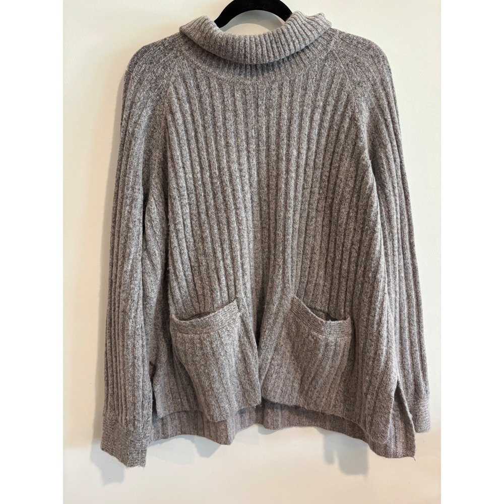 Kaari Blue Ribbed Cowl Neck Sweater Womens XL Gray Front Pockets Raglan Sleeve